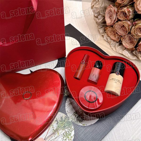 Set di trucchi mini formato 4 in1 Collezione Rossetto liquido Lucidalabbra Profumo Cuscino Fondotinta Kit cosmetico con scatola di ferro a forma di cuore Regalo di San Valentino