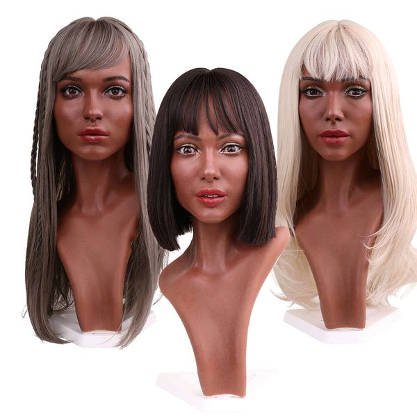 Acessórios de fantasia adereços de silicone completo peruca de cabelo óculos chapéu modelo de cabeça feminina para exibição de joias de janela de tiro