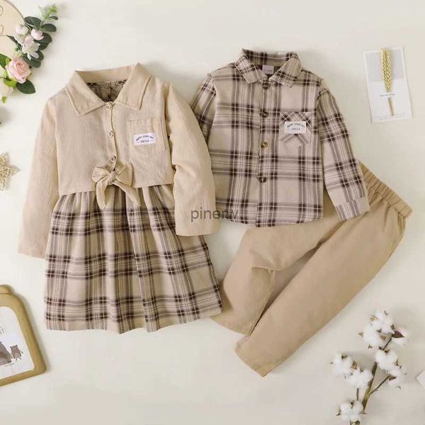 Abiti da ragazza Baywell Fratello Sorella Abiti coordinati Autunno Primavera Ragazzi Ragazze Outfit Abito scozzese + Giacca Ragazzi Camicia con risvolto + Pantaloni Abbigliamento Completo