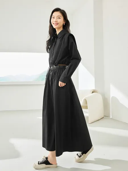 Vestidos de trabalho vimly outono algodão preto 2 peças conjuntos para as mulheres 2024 moda outono outfit recortado manga longa camisa a linha maxi saia conjunto
