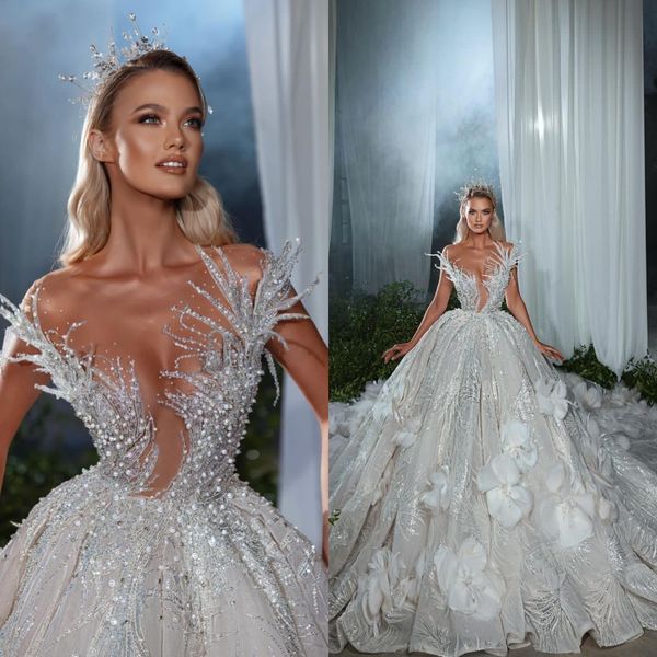 Requintado sem alças vestidos de casamento pérolas lantejoulas vestidos de baile de noiva 3d-floral apliques sem mangas princesa vestidos de noiva feitos sob encomenda