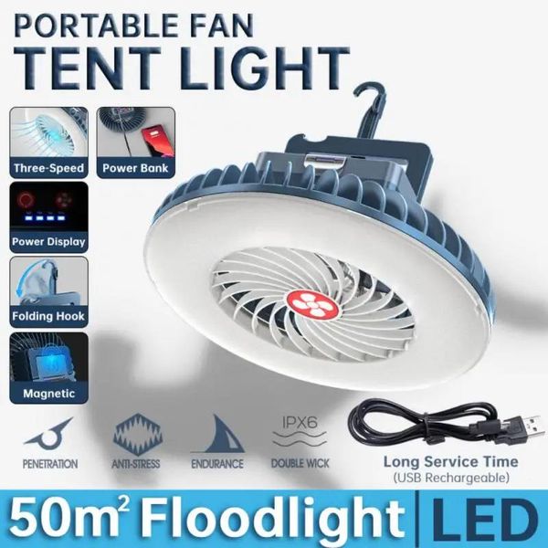 Fans 2in1 LED-Zeltventilator, wasserdicht, wiederaufladbar, Campingventilator, Deckenleuchte, tragbarer Ventilator, Licht, Wanderlampe mit Aufhängehaken, Kühlventilator