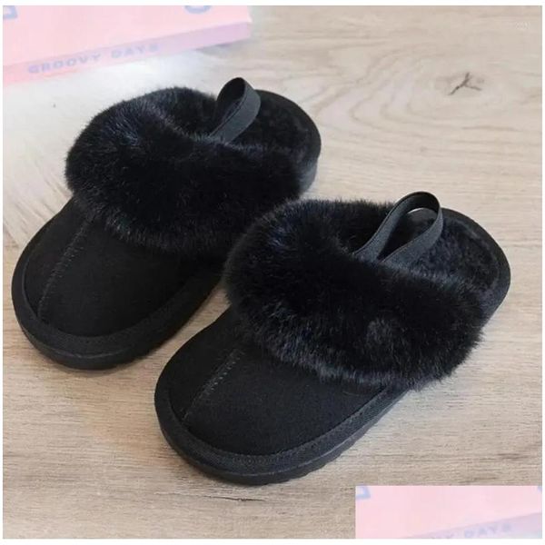 Terlik moda kürk terlikleri çocuk kış p elastik bant sandalları lüks slip-on platform slaytlar kızlar kızlar tasarımcı pamuk ev damla d ota9t