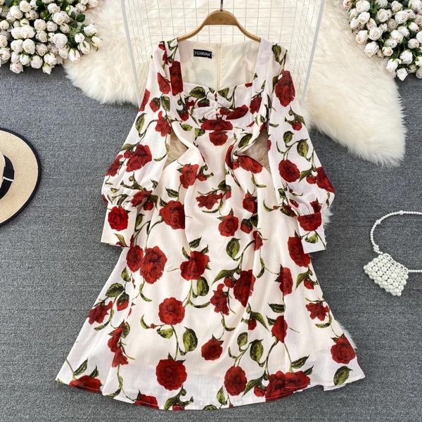 Vestidos casuais outono suave vento quadrado pescoço cintura fina bolha manga longa rosa floral impressão a-line vestido