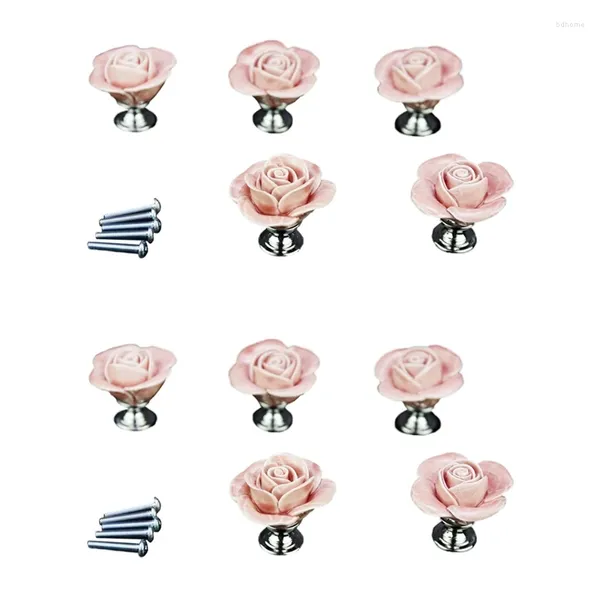 Dekorative Blumen, 10 x rosafarbene Türmöbel, Keramikgriff, antike Knopfschrauben im Lieferumfang enthalten, elegantes Design in Rosenform