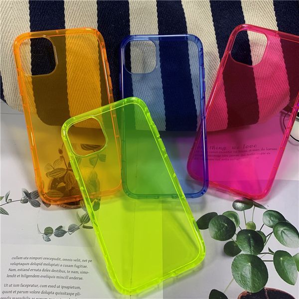 Ins Neon Fluorescent Color Clear Phone Case para iPhone 15 14 Pro Max 11 12 13 Pro Max XR XS 7 8 Plus X Capa macia à prova de choque Coque em saco OPP 200pcs