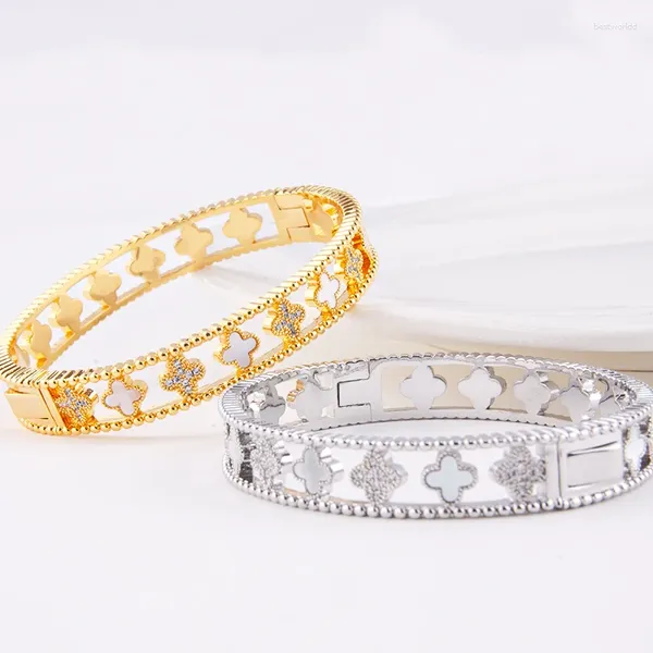 Pulseira oca design branco mãe de pérola inlay trevo pulseiras sólida banhado a ouro pulseiras para mulheres jóias de alta qualidade