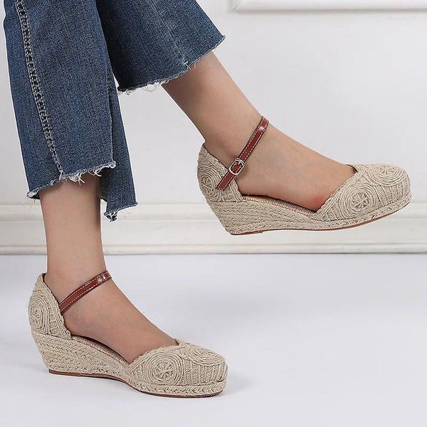 Scarpe eleganti Sandali Espadrillas intrecciate da donna con cinturino alla caviglia Zeppa in lino Estive Espadrillas con plateau e tacco 6 cm