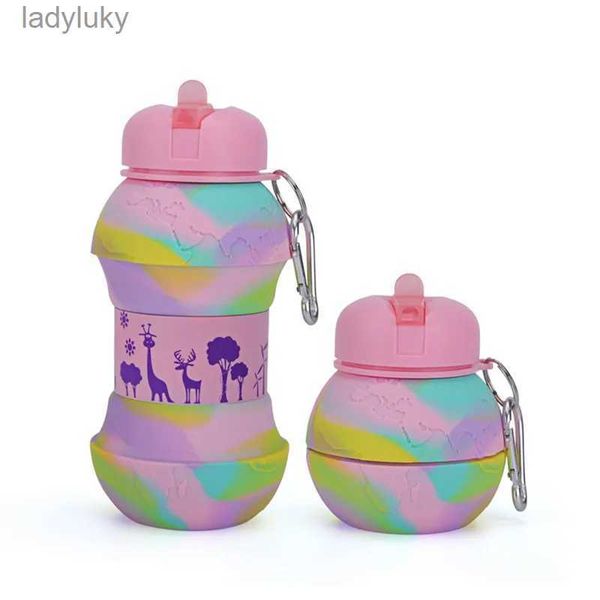 Gabbie per bottiglie d'acqua Bottiglia d'acqua creativa in silicone da 550 ml per bambini Ragazze Ragazzi Bottiglie d'acqua pieghevoli portatili gratuite BPA con cannuccia Regalo per bambiniL240124