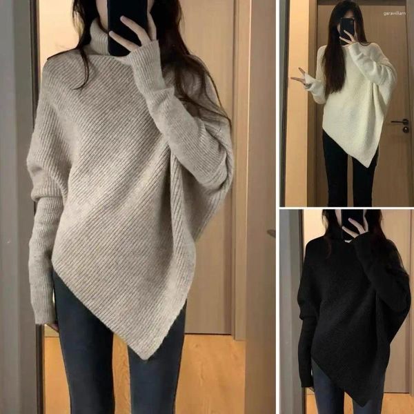 Suéteres femininos Irregular Turtleneck Sweater Mulheres Baggy Design de Moda Pulôver Malhas Francês Cor Sólida Espessada Solta Malha Jumper