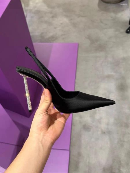 Elbise ayakkabıları kristal topuk sivri uçlu sandaletler saten stiletto slingback kadın yaz ayak bileği kayışı dişi pompalar ince santalias mujer