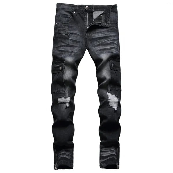 Jeans da uomo elasticizzati neri larghi per uomo con fori per il ginocchio pantaloni strappati in denim skinny con cerniera pantaloni da uomo