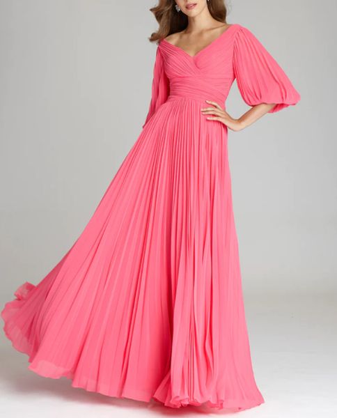 Elegantes, langes, rosafarbenes Chiffon-Kleid für die Brautmutter mit V-Ausschnitt und 3/4-Ärmeln, A-Linie, Fuchsia, Königsblau, plissiert, bodenlang, Kleid für die Mutter des Bräutigams, Patenkleid für Frauen