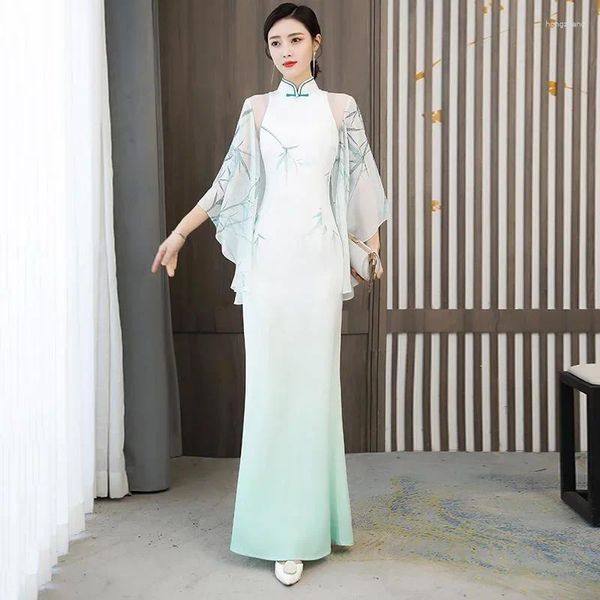 Etnik Giyim Bahar Çin Elbise Ziyafet Geleneksel Zarif Kadınlar Yeşil Çin tarzı Cheongsam Ao Dai Vintage Hanfu Slim Long Qipao