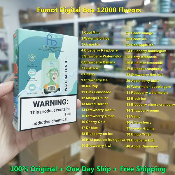 Autentica scatola digitale Fumot 12000 sbuffi Vape usa e getta 40 sapori 850mAh Type-C Ricarica 20 ml con batteria e display Ejuice 0% 2% 5% sigarette elettroniche RandM 12K Puff