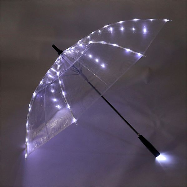 Guarda-chuvas iluminados por LED com cabo de lanterna, guarda-chuva transparente para vídeos de mídia social, operado por bateria, tiktok, caminhada noturna, luz fria romântica