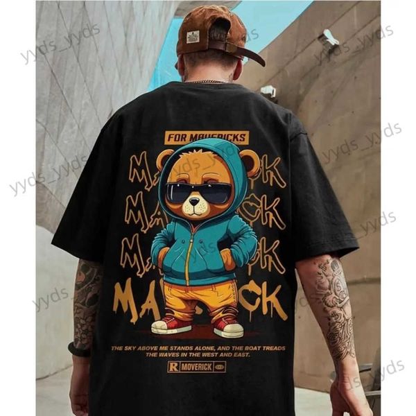 Camisetas masculinas M-8XL 2024 Novo urso de bolso dos desenhos animados impresso em torno do pescoço manga curta camiseta para homens e mulheres casal grande cinco quartos de manga T T240124