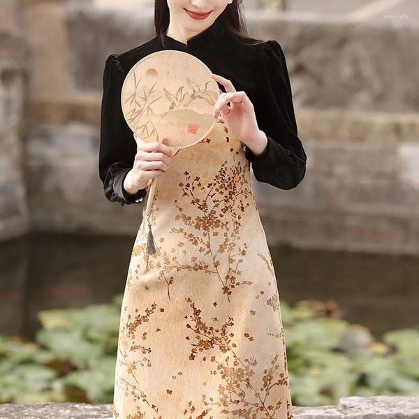 Ethnische Kleidung Damen Gelb Pflaume Cheongsam 2-teiliges Kleid Vintage Samt Langarm Schlanke Kleider Slip mit Schal Qipao One Set