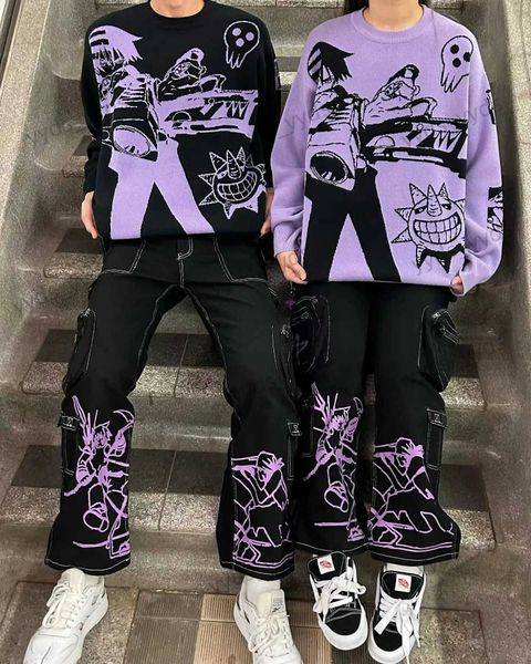 Herren Hosen Y2K 2 Stück Sets Pullover Jeans Männer Frauen Gothic Oversize Anime Strickwaren Stickerei Pullover Harajuku Hip Hop Streetwear Hosen T240124
