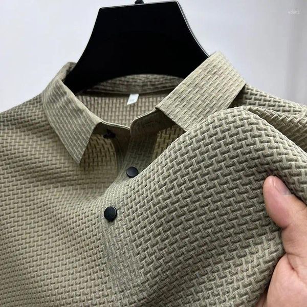 Polos masculinos verão homens oco manga curta camisa polo moda casual gelo seda cor sólida respirável tops negócios malha t-shirt 6 cores