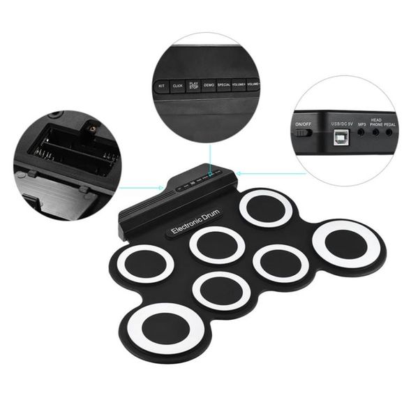 Batteria elettronica portatile USB digitale 7 pad Set di tamburi in silicone Kit di cuscini per batteria elettrica in silicone con pedale per bacchette3205068