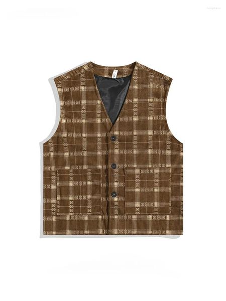 Gilet da uomo Primavera Autunno Trendy Retro Cardigan di velluto a coste Gilet senza maniche Uomo Donna Scollo a V Plaid Cappotto monopetto casual allentato