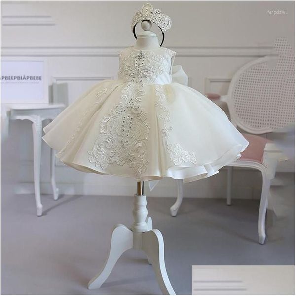 Disponibile Abiti da ragazza di fiori Abito da principessa per ragazze bianco Elegante abito da ballo per tutu per feste di nozze Abito da sera per bambini Damigella d'onore Tle Ricamo Dhdi0