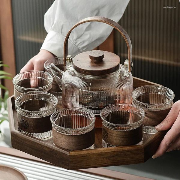 Conjuntos de chá High-end Office Tea Set Chinês Home Bule para Vintage Padrão Vertical Copo Alto Borosilicato Vidro Presente