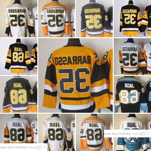 Filme 1967-1999 Retro CCM Hóquei Jersey Bordado 35 Tom Barrasso 68 Jaromir Jagr Branco Preto Amarelo Vintage Jerseys 42 Hig