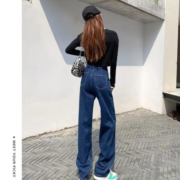 Jeans femininos 2024 cintura alta tubo reto solto versão estreita perna larga calças azuis escuras moda estiramento design