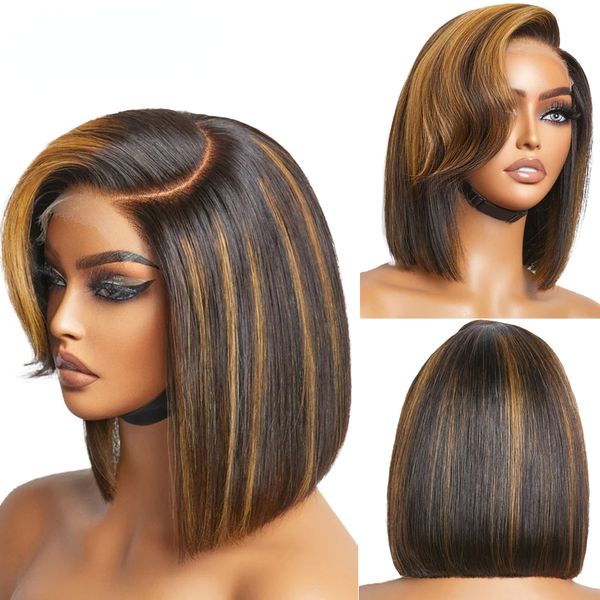 Brasileiro em linha reta curto bob perucas encaracolado estilo franja laço frontal perucas de cabelo humano ombre mel loira colorido laço frontal peruca preplucked