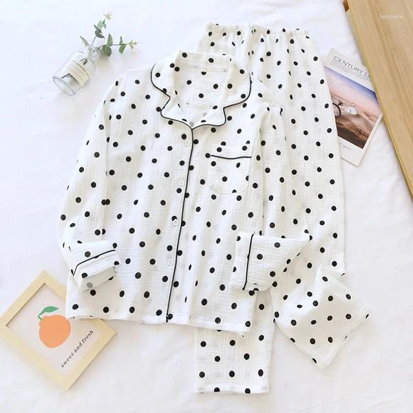 Indumenti da notte da donna Fdfklak Colletto rovesciato casual Abbigliamento da casa femminile Puntini neri Pigiama da donna 2 pezzi Camicia da notte in cotone Abbigliamento da casa Pijama