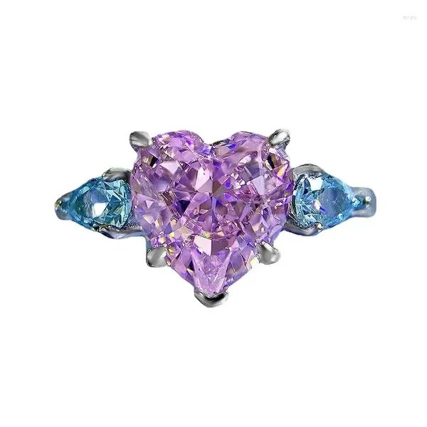 Anéis de Cluster Primavera Qiaoer Luxo 925 Sterling Prata Amor Coração 8 MM Rosa Safira Gemstone Casamento Anel de Noivado Fine Jewelry para Mulheres