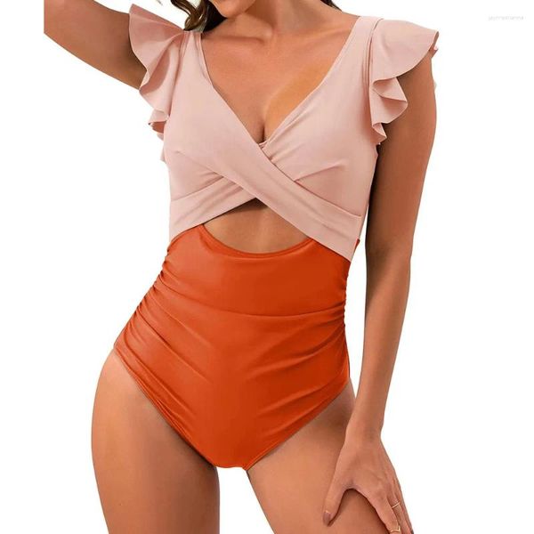 Roupa de banho feminina 2024 retalhos um pedaço maiô plissado feminino com decote em v maiô feminino verão beachwear cortar bodysuit