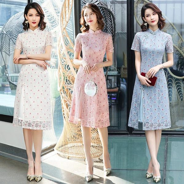 Ethnische Kleidung Chinesische Aodai Cheongsams Frauen Enge Sexy Qipao Split Lange Kleider Elegante Kostüme Mittelarm Kleidung Kleid Für Mädchen