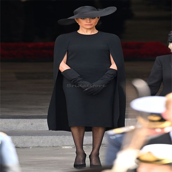 Schwarzes kurzes Abendkleid mit Umhang, elegantes O-Ausschnitt-Midi-Abschlussballkleid 2024, sexy Promi-formelle Anlässe, Partykleidung, Cocktailparty, Heimkehr, Abschlusskleid 2024