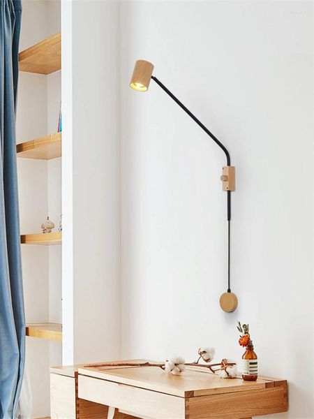 Lâmpada de parede Nordic Walnut Rocker Latão Lâmpadas Quarto Cabeceira Estudo Sala de estar Sofá Braço Longo Sconces Luzes Luminárias de Leitura