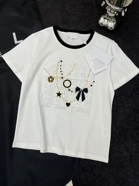 2024 Verão Mulheres Designers Pearl Chain Bow O-pescoço Camisetas Moda Cor Sólida Bordado Manga Curta Camisetas Lady Tees Luxo Casual Tops T-shirts