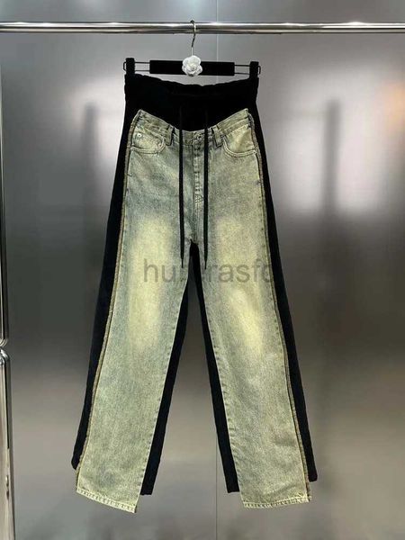 Jeans da donna Moda Vintage AB Face Jeans Donna Autunno/Inverno 2023 Stile americano con coulisse Cuciture False Pantaloni dritti in due pezzi240124