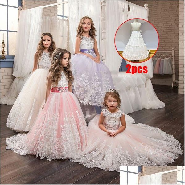 Auf Lager Blumenmädchenkleider Mädchen Kleid Elegante weiße Brautjungfer Kinder für Kinder Lange Prinzessin Party Hochzeit 14 10 12 Jahre Drop Dhvow