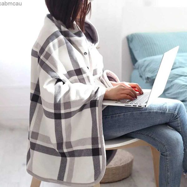 Cobertores de lã wearable cobertor xadrez colo cobertor confortável poncho lance com botões para cama sofá escritório cinza-branco