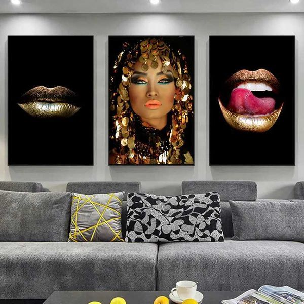 Gemälde auf Leinwand, nordische Drucke, goldene Lippen, Farbverlauf, sexy, Heimdekoration, Poster, Wandkunst, modernes Schlafzimmer, Rahmen, modulare Bilder
