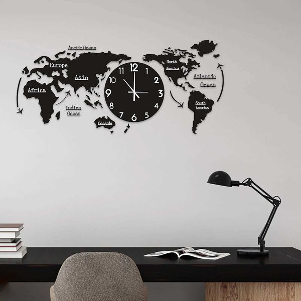 Настенные часы Карта мира Настенные часы Домашняя стена Спальня Индивидуальные настенные часы Кварцевые часы Беззвучные современные самоклеящиеся дизайн Horloge Art G2