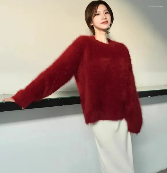 Женские свитера 2024 года, красный мохер, мягкий свободный свитер, модные ленивые осенне-зимние вязаные теплые пуловеры с длинными рукавами и круглым вырезом для волос