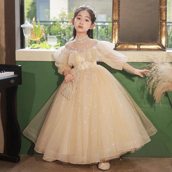 Abbigliamento etnico Ragazze Champagne Squisiti paillettes Abiti da sera Compleanno Principessa Costume Bambini Abiti da ballo per feste di matrimonio