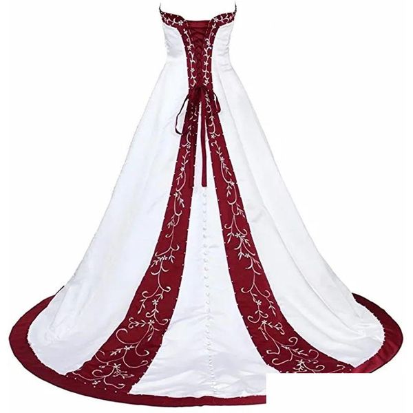 A linha de vestidos de casamento bordado branco e vermelho vestido de noiva sem alças uma linha de cetim longo vestido de noiva espartilho lace-up plus size noiva d otqjw