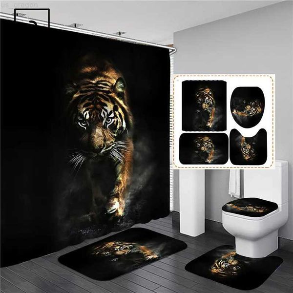 Tende da doccia Animali tigre neri Set di tende da doccia stampate Bagno Schermo da bagno Copriwater antiscivolo Copri tappeti Tappeti Cucina Decorazioni per la casa