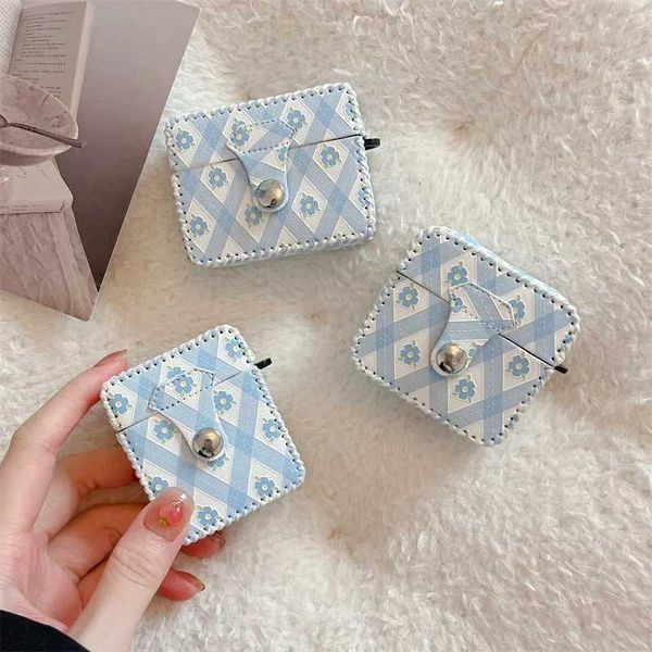 Casos de telefone celular Korea Rhombus Lattice Flores azuis Caixa de ouvido de couro Snap para AirPods 1 2 CABELA DE CHARGA DE CHARGE PRO WILL para AirPods 3