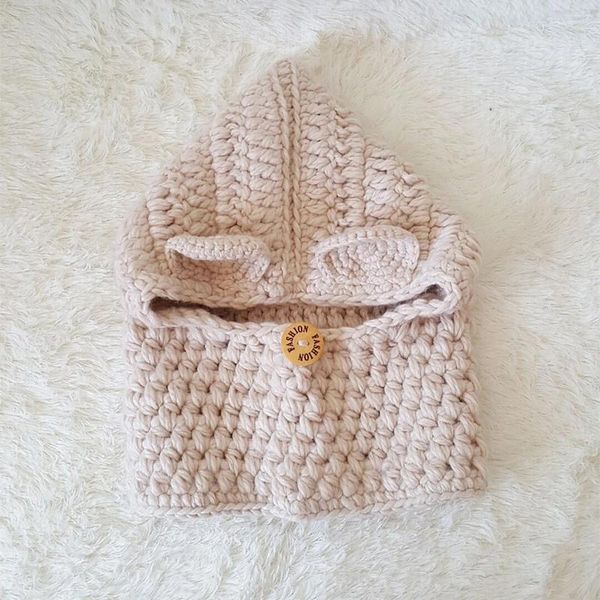 Baskenmütze mit Kapuze, Schal, Mütze, handgefertigt, Bärenmütze, Halswärmer, Wickelwolle, gestrickte Beanie-Schals für Kinder (Beige)