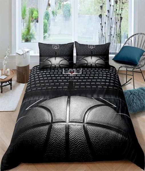Set di biancheria da letto Set copripiumino da basket Set di biancheria da letto a tema sportivo con palla 3D nero Set di biancheria da letto in microfibra per campo da basket Giochi competitivi King 2688124
